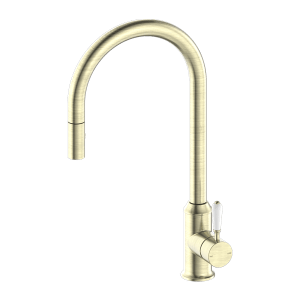 Nero York Pull Out Sink Mixer With Vegie Spray Function With White Porcelain Lever Aged Brass | NR69210801AB