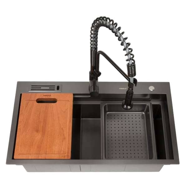 belle luxe 1 kitchen sink with chopping board and stainless colander pvd black