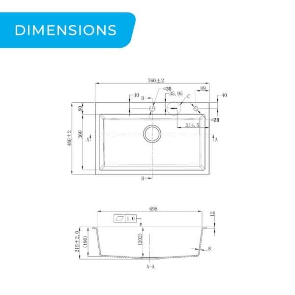 composite kitchen sink 750mm dimensions 1