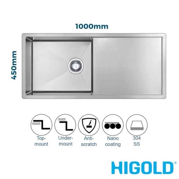 higold 1000mm nano coated stainless steel single bowl kitchen sink with drainer