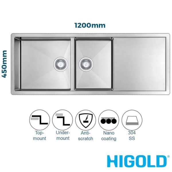 higold 1200mm nano coated stainless steel 1 1 2 bowl kitchen sink with drainer