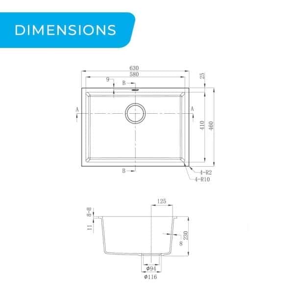 higold 630mm granite composite single bowl kitchen sink dimensions diagram 3