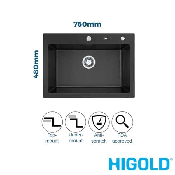 higold 760mm black composite single bowl kitchen sink