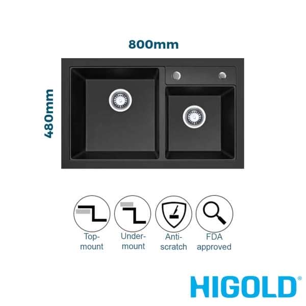 higold 800mm black composite double bowl kitchen sink 1