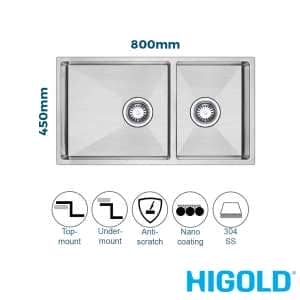 800mm Stainless Steel Nano Coated 1 & 1/2 Bowl Kitchen Sink | HG-953448-1836