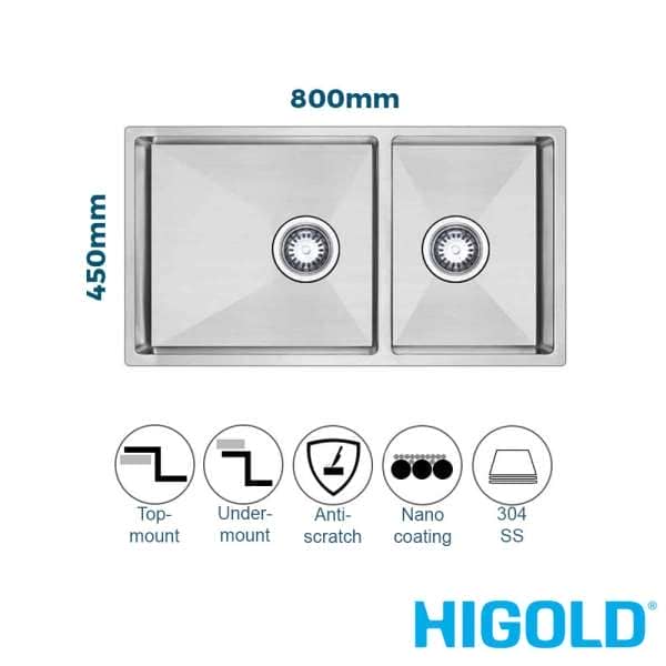 higold 800mm nano coated stainless steel double bowl kitchen sink 1