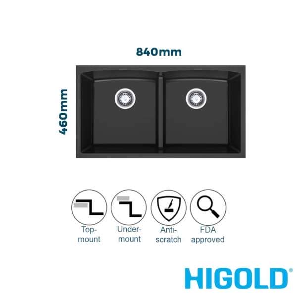 higold 840mm black granite composite double bowl kitchen sink