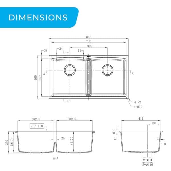 higold 840mm granite composite double bowl kitchen sink dimensions diagram