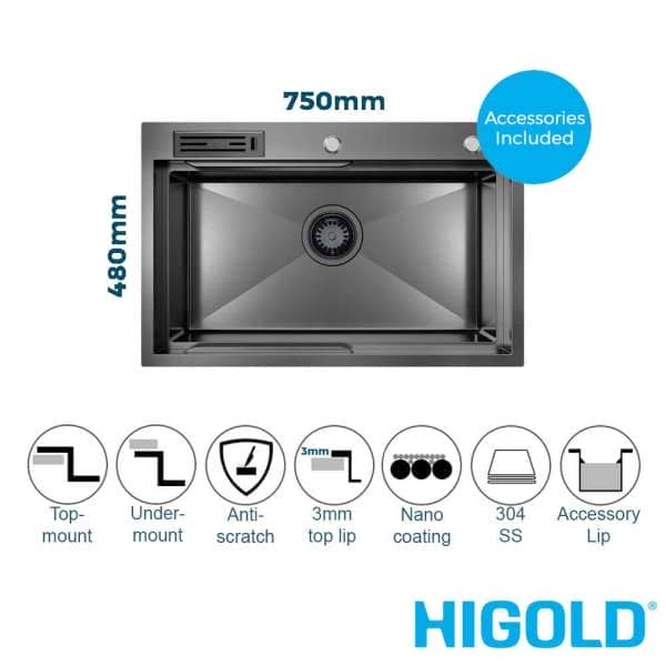 higold belle luxe 750mm pvd matte black nano coated single bowl workstation sink