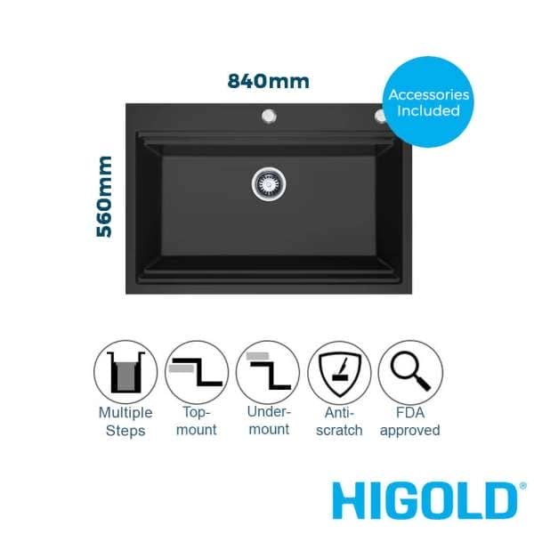 higold black granite composite 840mm multi step single bowl workstation sink