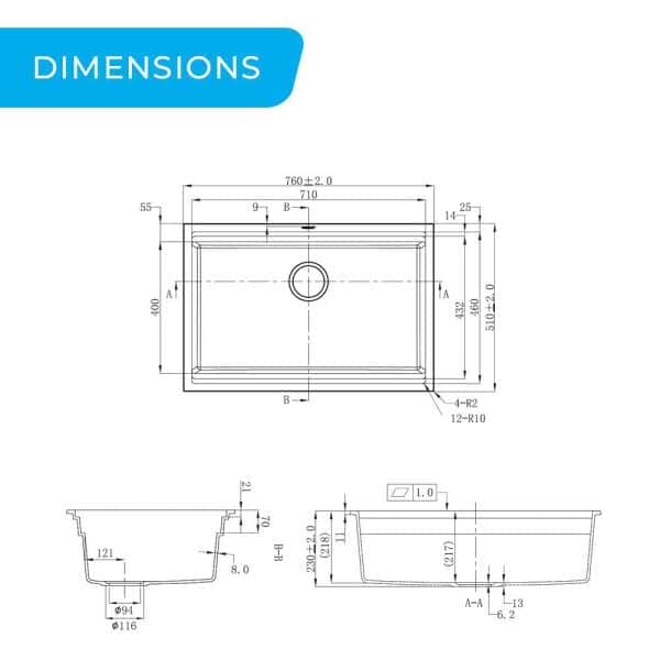 higold composite 760mm multi step single bowl workstation sink dimensions diagram