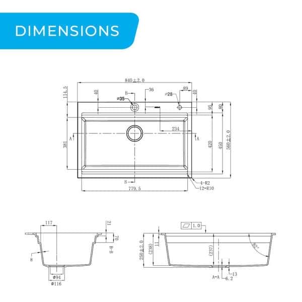 higold composite 840mm multi step single bowl workstation sink dimensions diagram