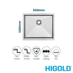 550mm Stainless Steel Nano Coated Single Bowl Kitchen Sink | HG-951106-1835