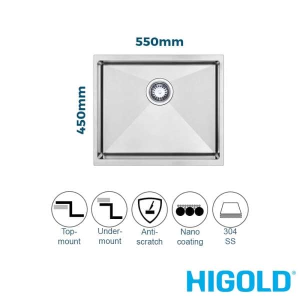 higold nano coated single bowl 550mm stainless steel kitchen sink
