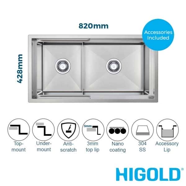 higold nano coated slide lip 820mm stainless steel 1 1 2 bowl kitchen sink