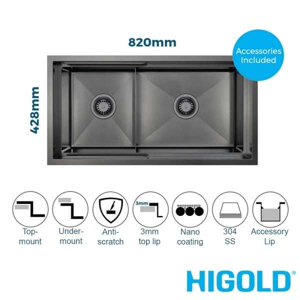 higold nano slide lip 820mm stainless steel pvd gunblack 1 1 2 bowl kitchen sink