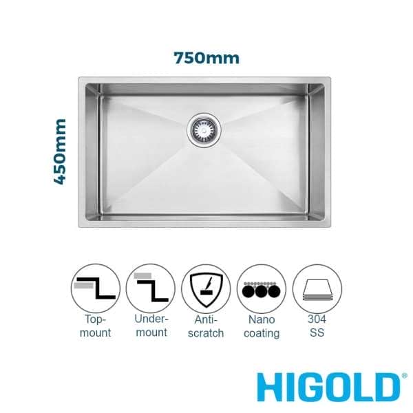 higold single bowl nano stainless 750mm kitchen sink 1 1